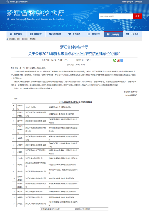 浙江省2021年度省级重点农业企业研究院